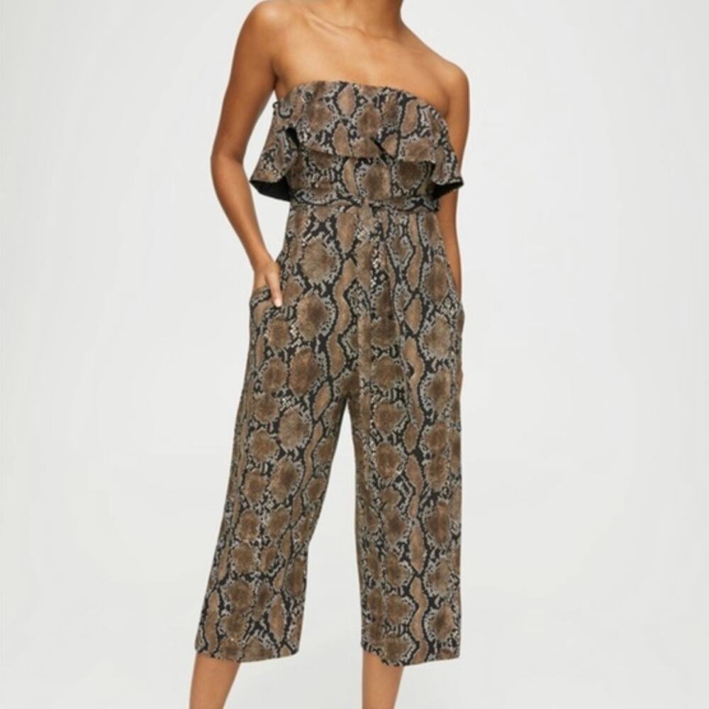 Aritzia Babaton Python Snake Print Ruffle Flutter Jumpsuit - Black + Tan Size 6